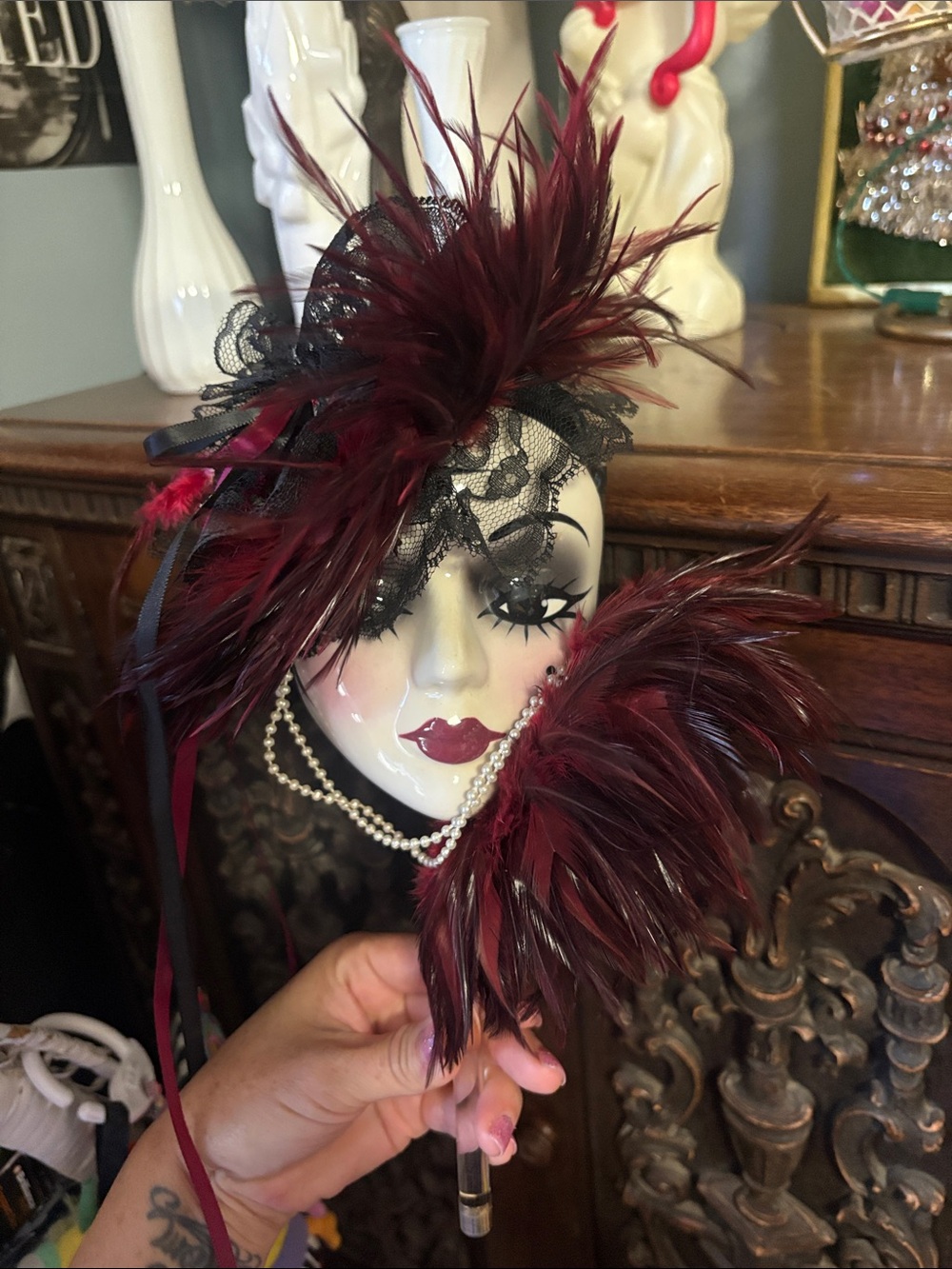 Vintage Wall Decor Burgundy Feather Face Mask Accessory with Black Lace